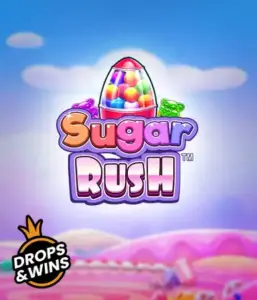 Изображение игрового автомата Sugar Rush от Pragmatic Play, показывающее разноцветный мир конфет и сладостей. На изображении видны иконки в виде конфет и желейных мишек, окруженные яркой атмосферой. В центре расположен название слота Sugar Rush, подчеркивающий сахарную тематику игры.